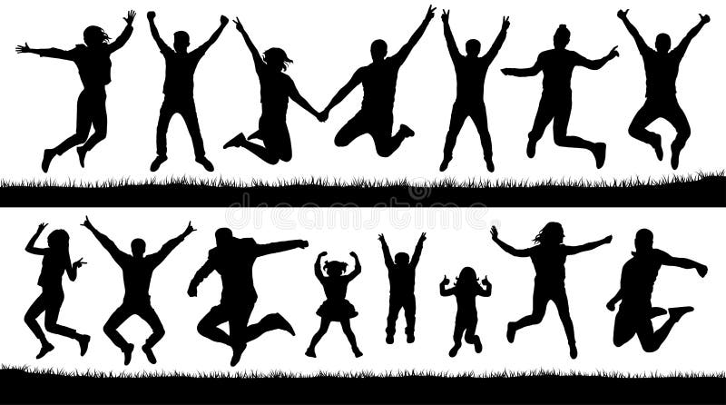 Happy jumping people, silhouettes set. Cheering young children, audience
